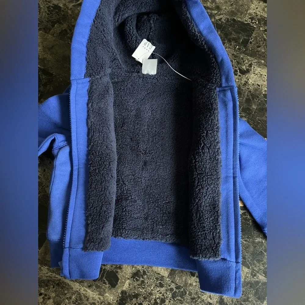 Gap Baby Front Logo Sherpa Lined Zip Hoodie Soft Cotton Fleece Winter Blue 2yrs